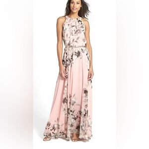 Sleeveless Pink Floral Halter Maxi Dress